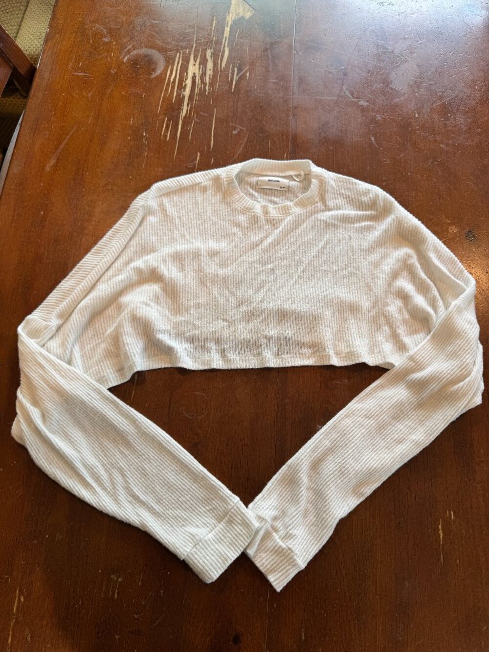Joah Brown White Ribbed Cropped Long Sleeve Top One Size